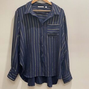 Notations Woman Navy Blue Gold Metallic Striped Button Down Shirt Plus Size 2X
